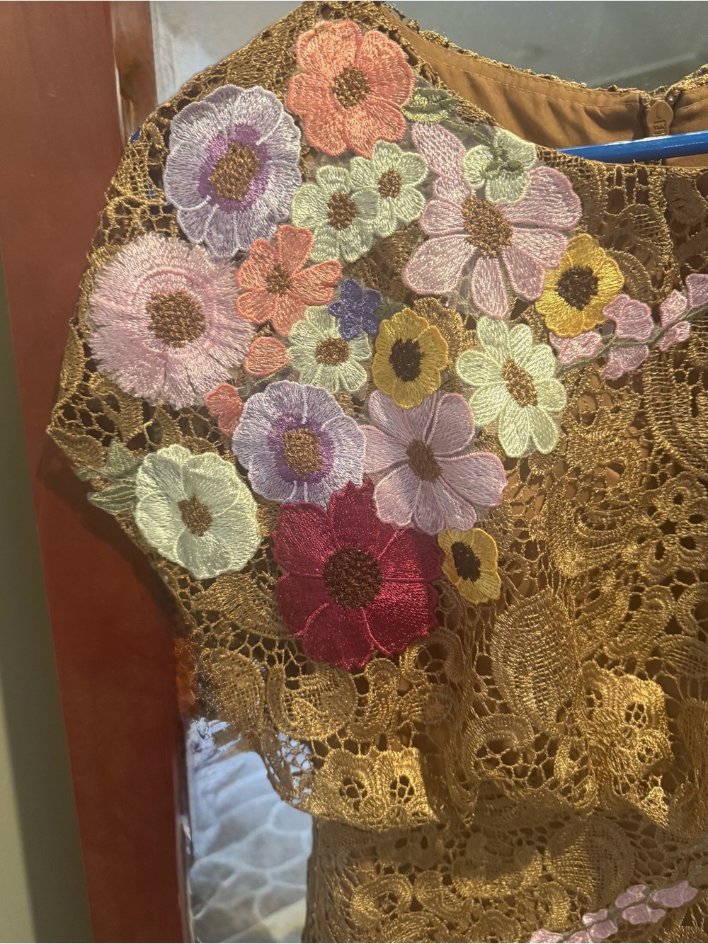 Gold Lace Evening Gown with Pink & Lavender Floral accents. Fall wedding guest - Picture 7 of 8